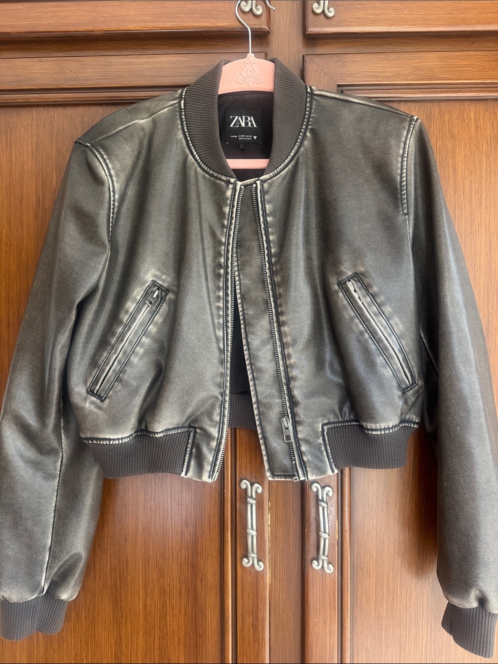 ZARA Black Faux Leather Cropped Bomber Jacket